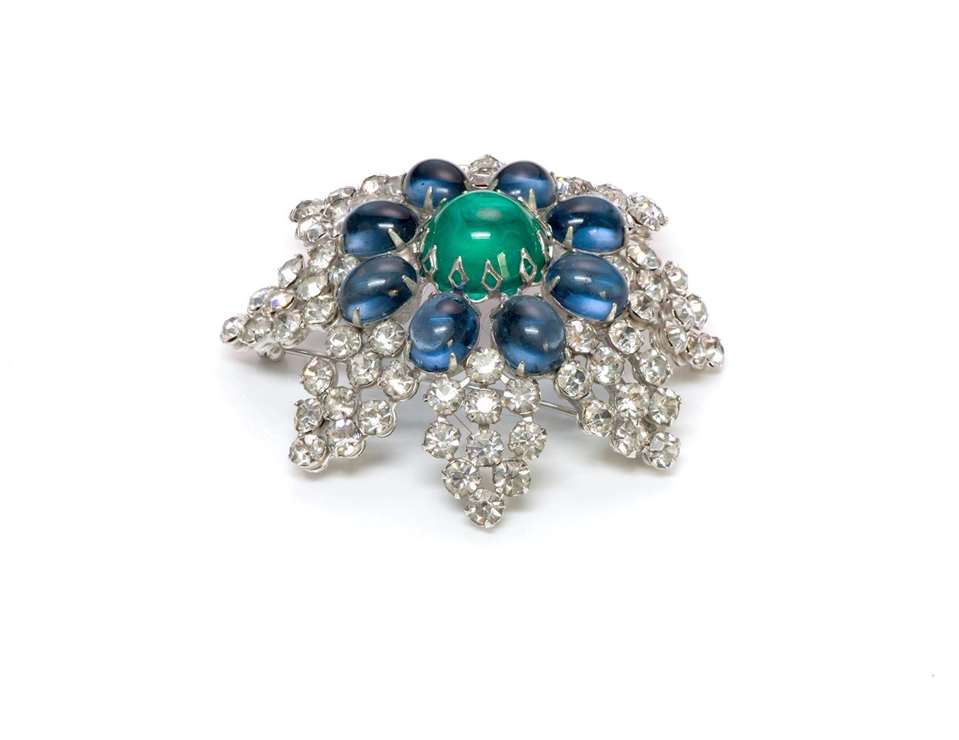 Arnold Scaasi Couture Faux Emerald Sapphire Cabochon Glass Brooch