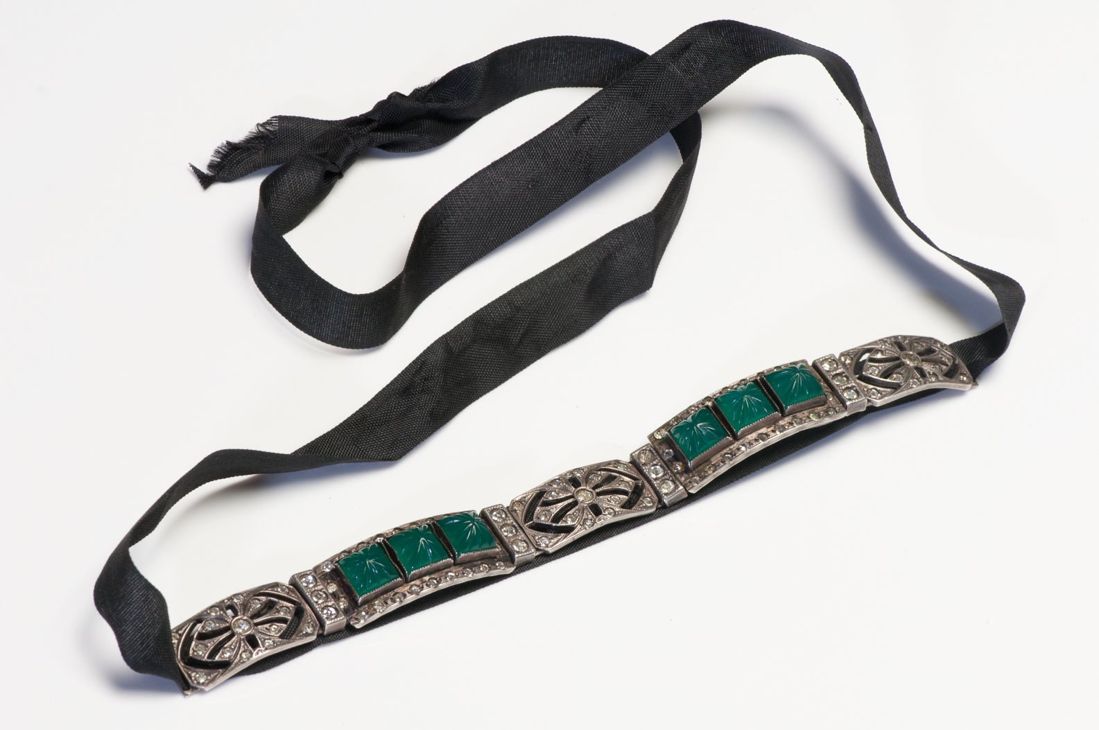 Art Deco 1920’s Sterling Silver Green Crystal Black Silk Choker Necklace