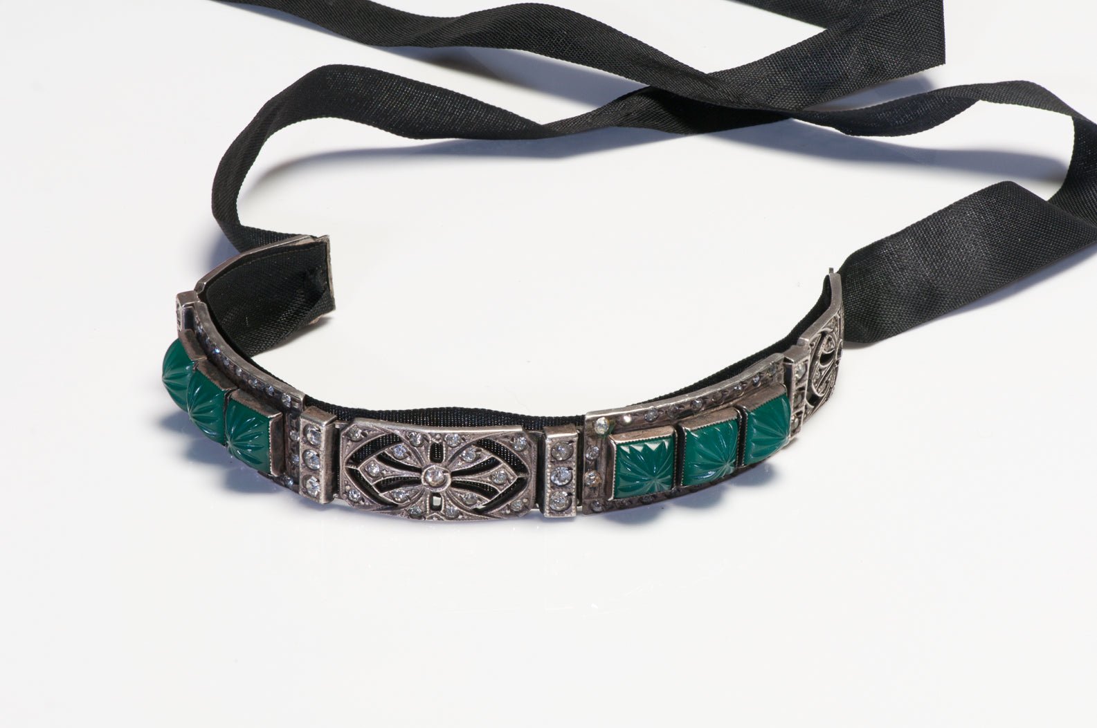 Art Deco 1920’s Sterling Silver Green Crystal Black Silk Choker Necklace