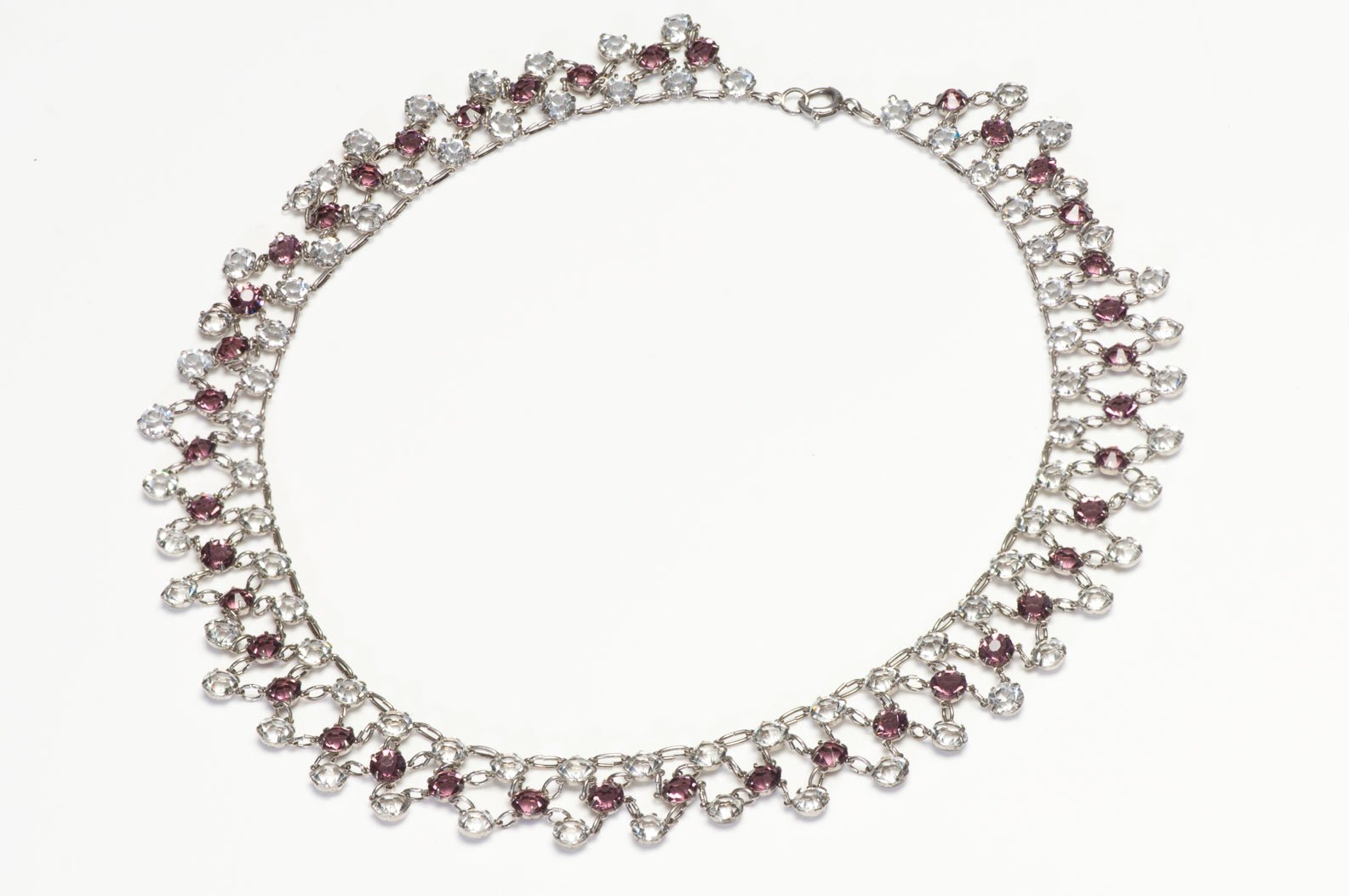 Art Deco 1920’s Sterling Silver Pink Paste Crystal Lace Collar Necklace - DSF Antique Jewelry