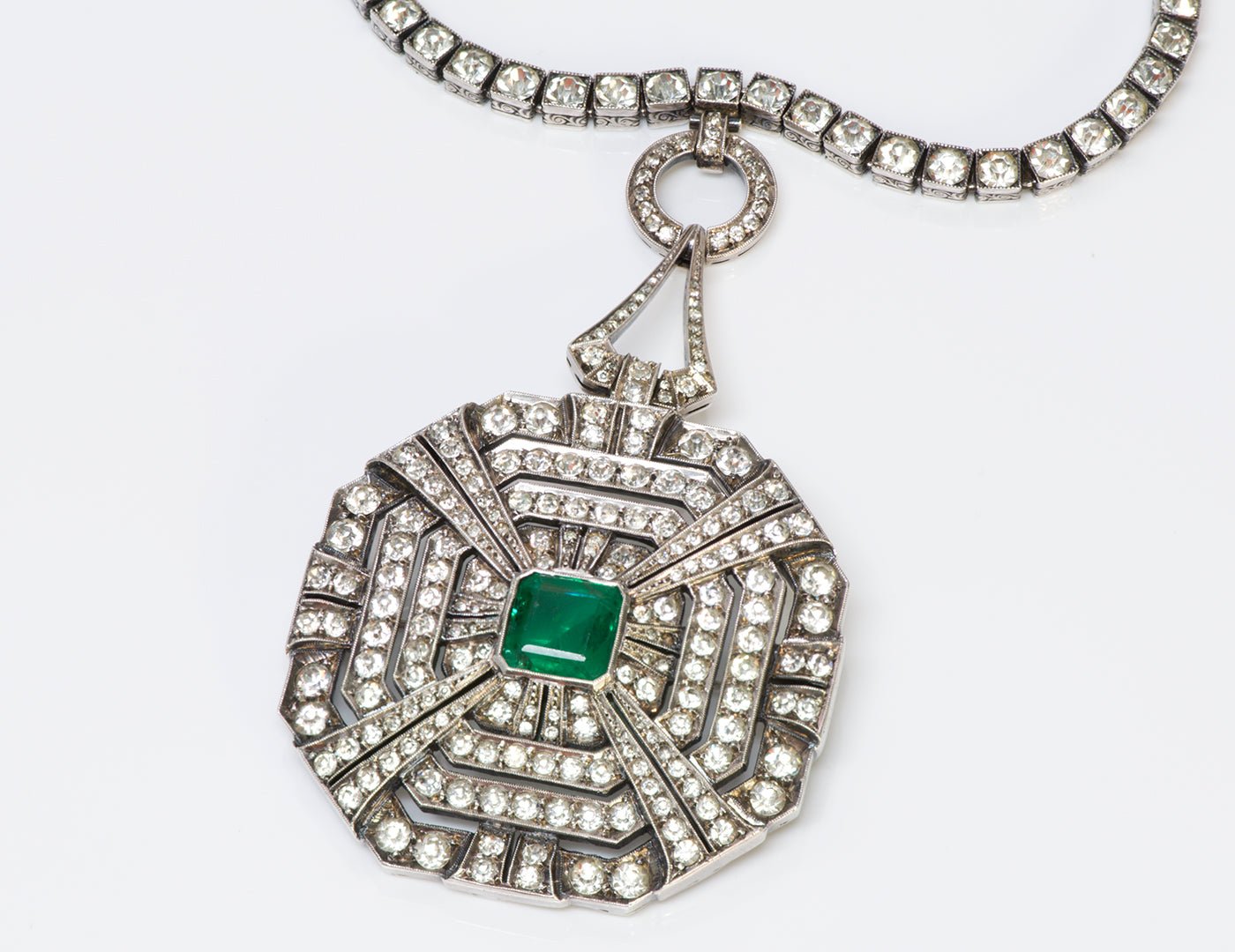Art Deco 935 Sterling Silver Faux Emerald Paste Pendant Necklace/Brooch