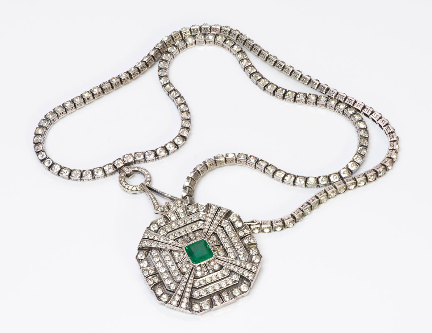Art Deco 935 Sterling Silver Faux Emerald Paste Pendant Necklace/Brooch - DSF Antique Jewelry