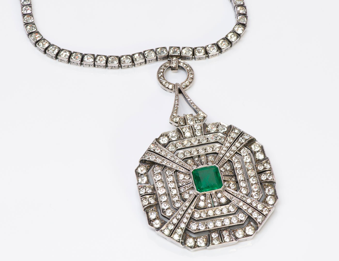 Art Deco 935 Sterling Silver Faux Emerald Paste Pendant Necklace/Brooch - DSF Antique Jewelry