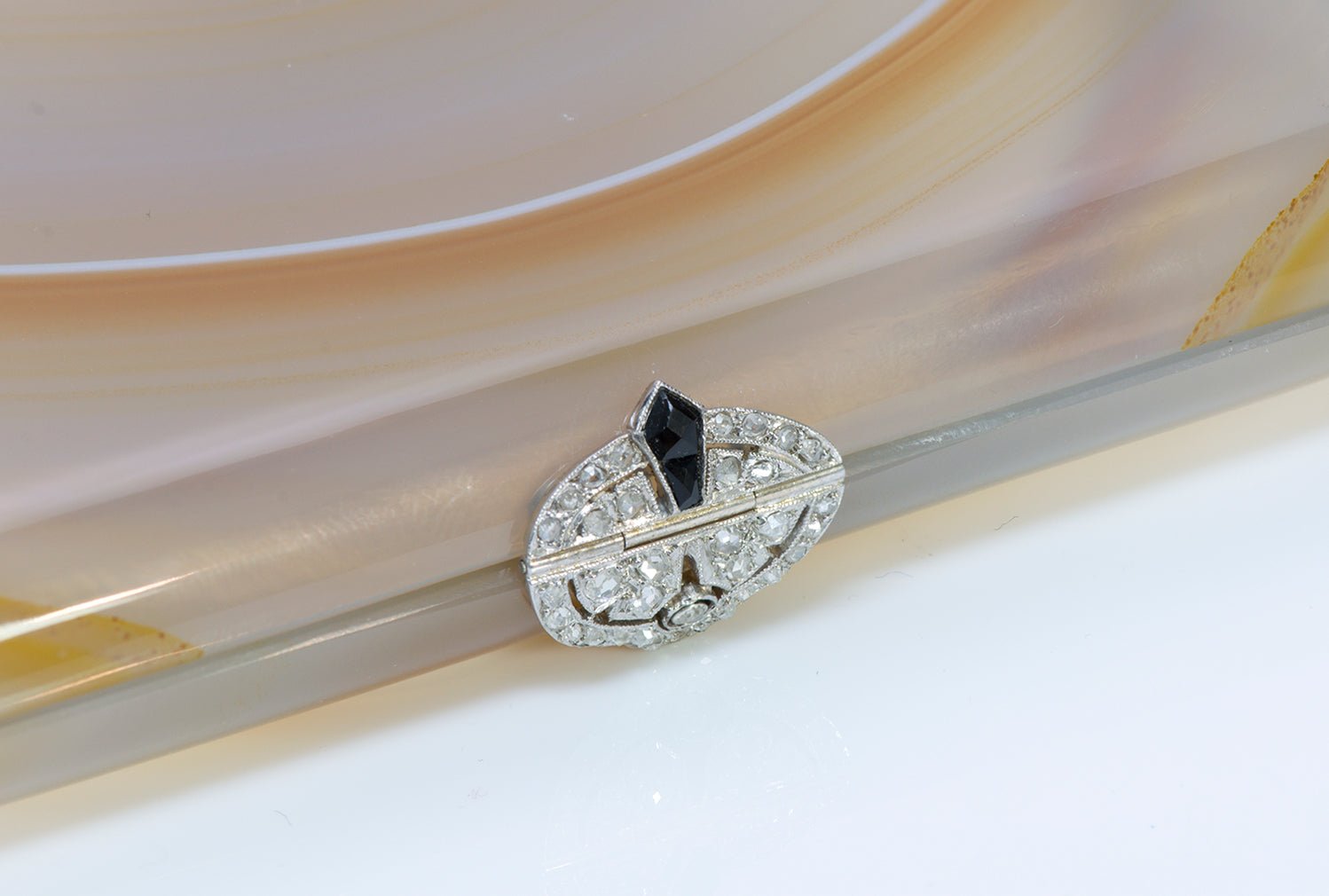 Art Deco Agate Platinum Diamond Onyx Box - DSF Antique Jewelry