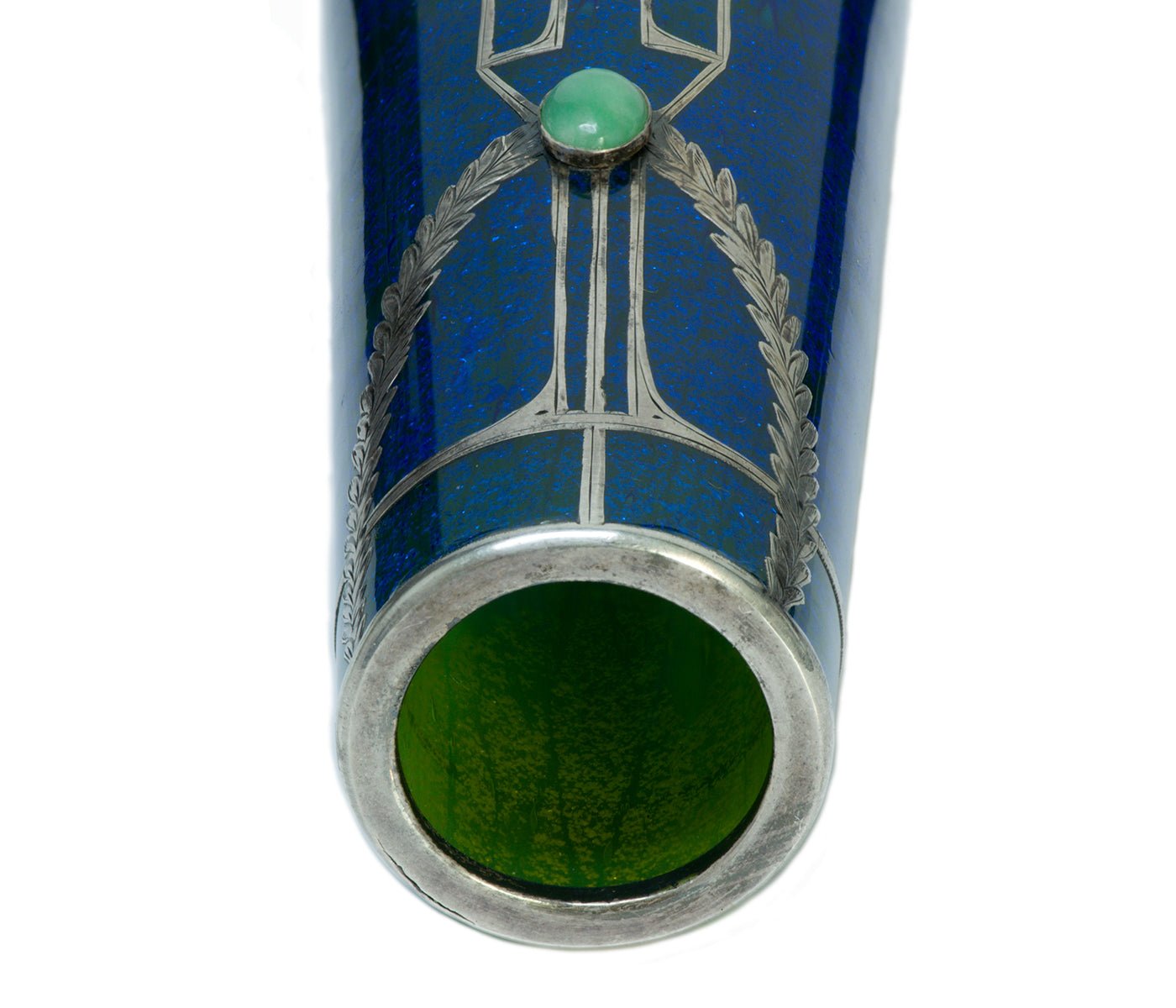 Art Deco Engraved Silver Overlay Jade Blue Glass Vase - DSF Antique Jewelry