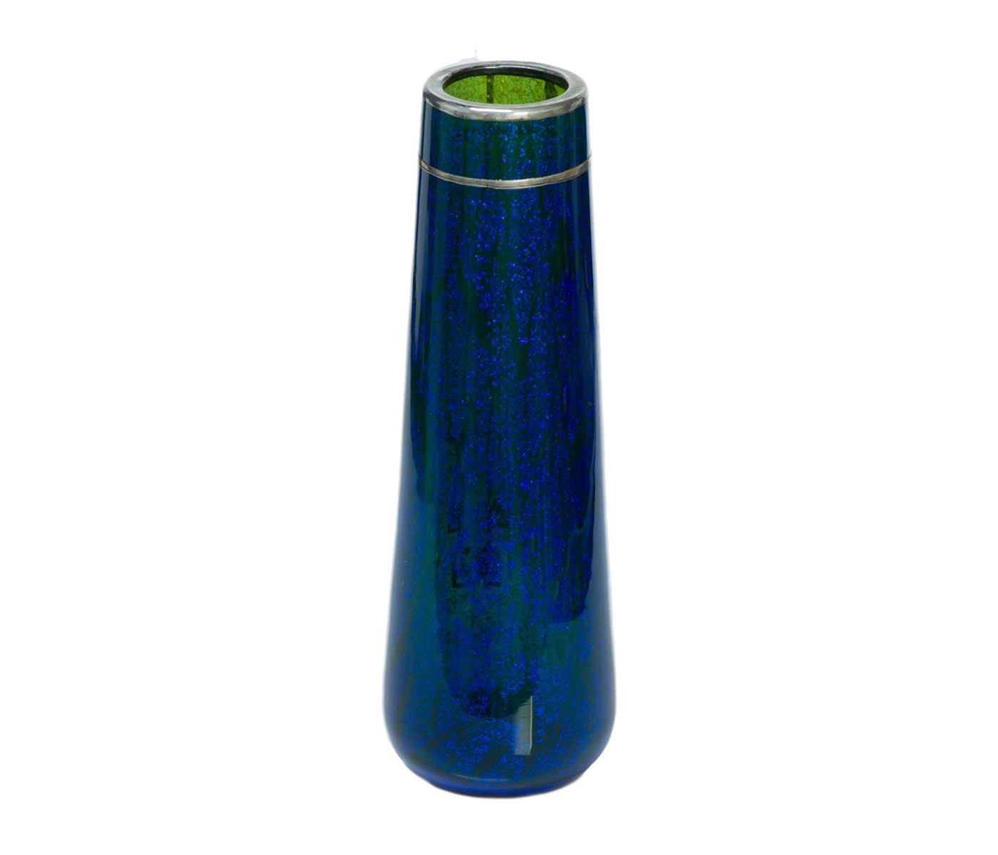 Art Deco Engraved Silver Overlay Jade Blue Glass Vase