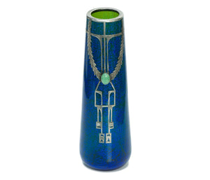 Art Deco Engraved Silver Overlay Jade Blue Glass Vase