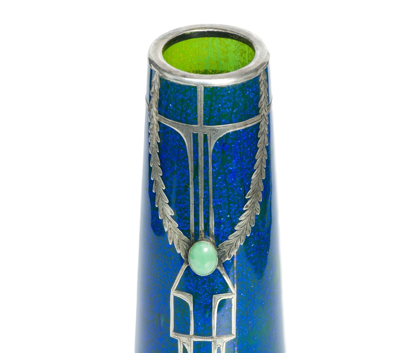 Art Deco Engraved Silver Overlay Jade Blue Glass Vase