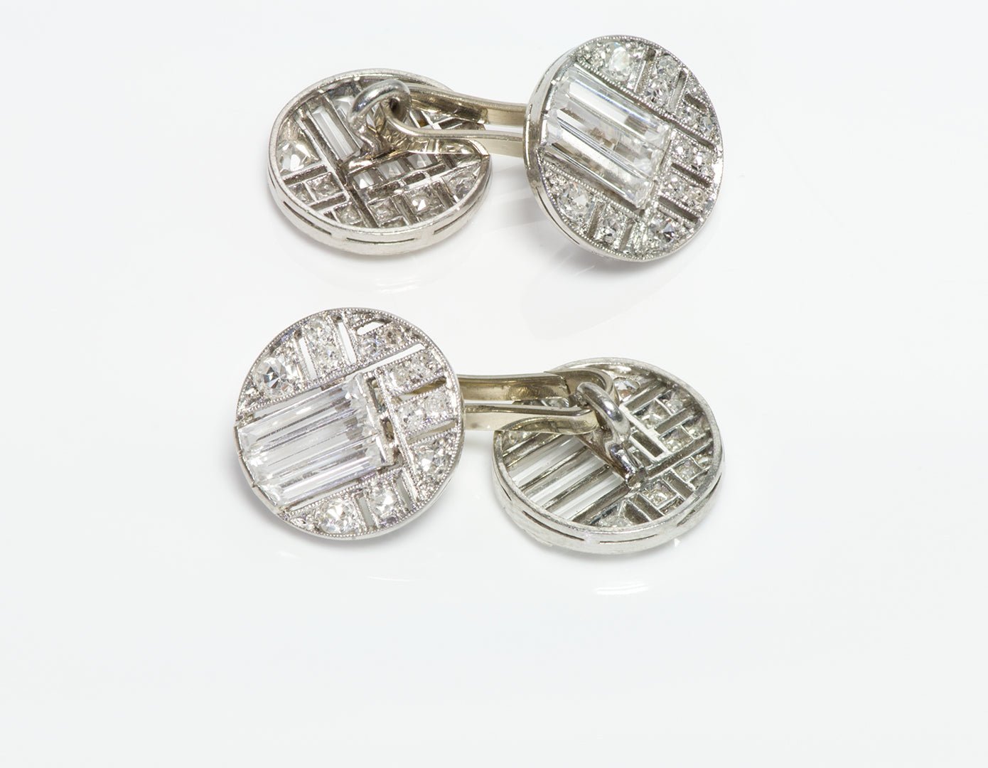 Art Deco French Platinum Diamond & Crystal Cufflink & Stud Set - DSF Antique Jewelry