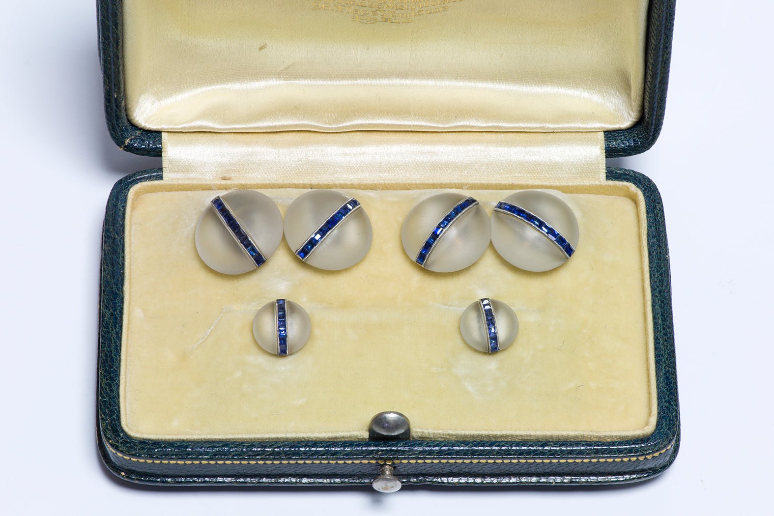 Art Deco Frosted Crystal Sapphire Cufflink & Stud Set in Fitted Boucheron Box