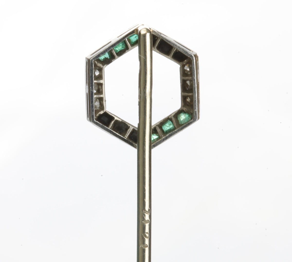 Art Deco Gold Emerald Diamond Onyx Hexagon Stick Pin