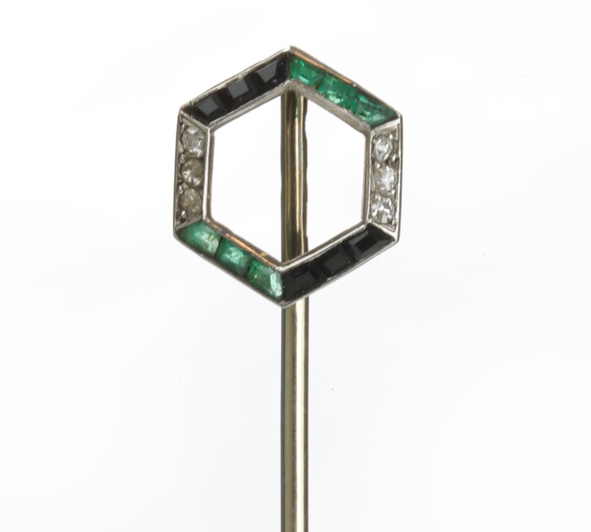 Art Deco Gold Emerald Diamond Onyx Hexagon Stick Pin