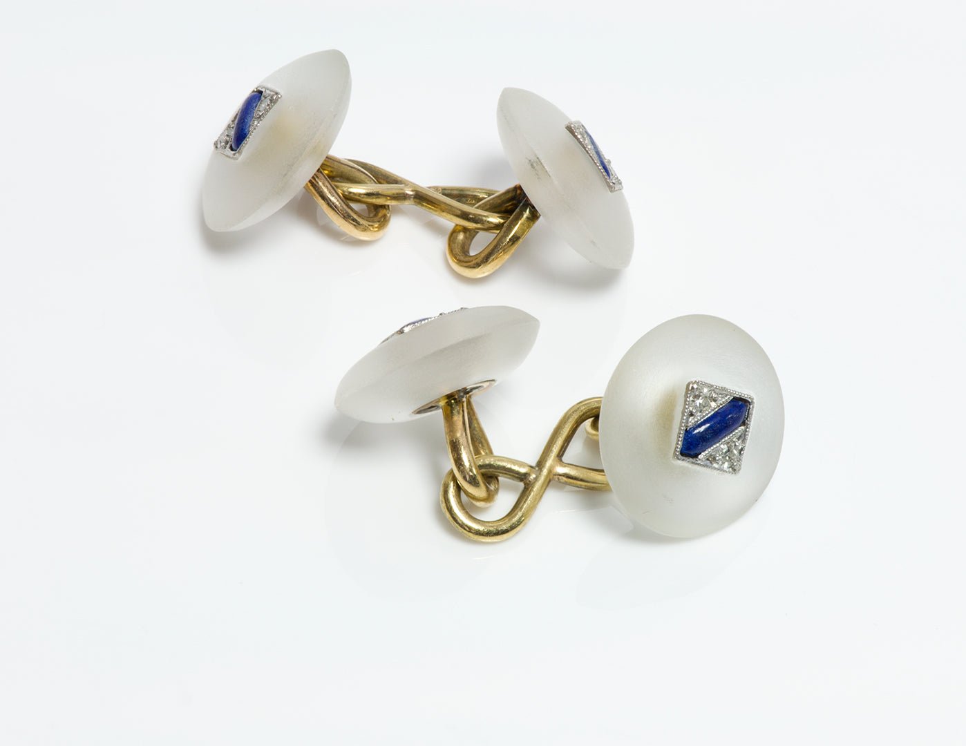 Art Deco Gold Frosted Crystal Lapis & Diamond Cufflinks - DSF Antique Jewelry