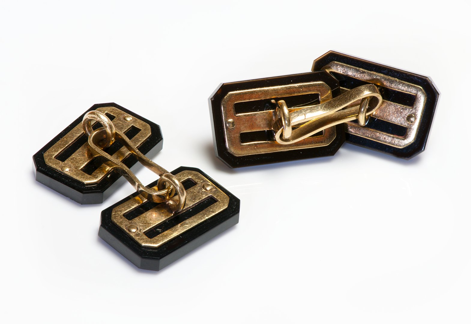 Art Deco Gold Onyx Cufflinks "All For Good Luck"
