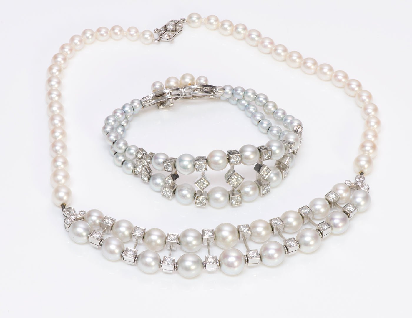Art Deco Pearl Diamond Platinum Necklace Bracelet - DSF Antique Jewelry