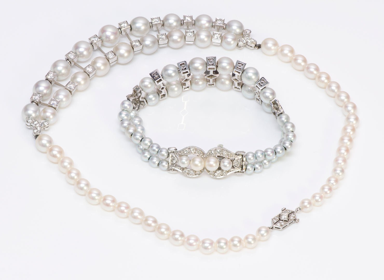 Art Deco Pearl Diamond Platinum Necklace Bracelet - DSF Antique Jewelry