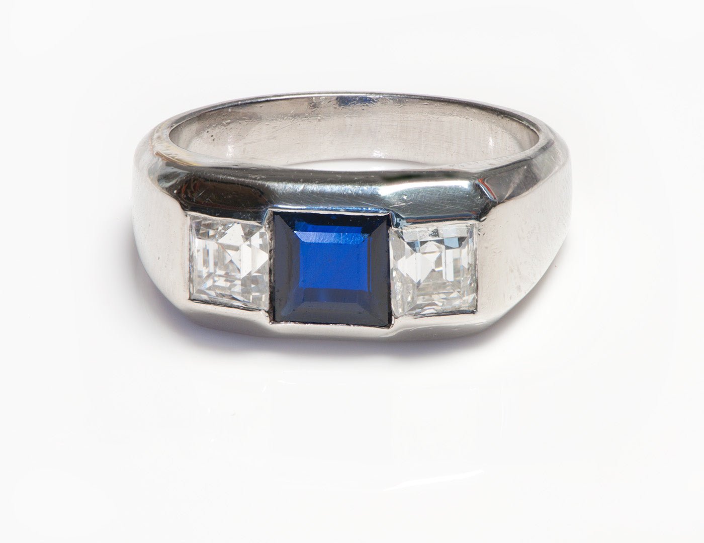 Art Deco Platinum Diamond Sapphire Men’s Ring