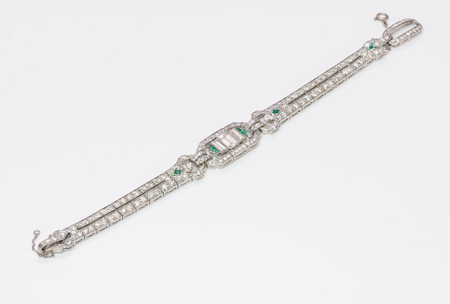 Art Deco Platinum Emerald Cut Brilliant Cut Baguette Diamond & Emerald Bracelet