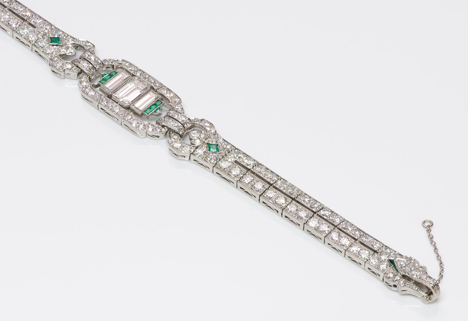 Art Deco Platinum Emerald Cut Brilliant Cut Baguette Diamond & Emerald Bracelet