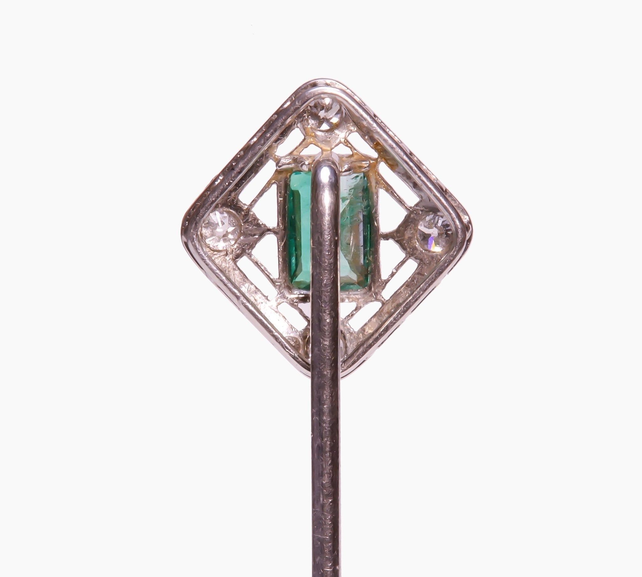 Art Deco Platinum Emerald Diamond Enamel Stick Pin