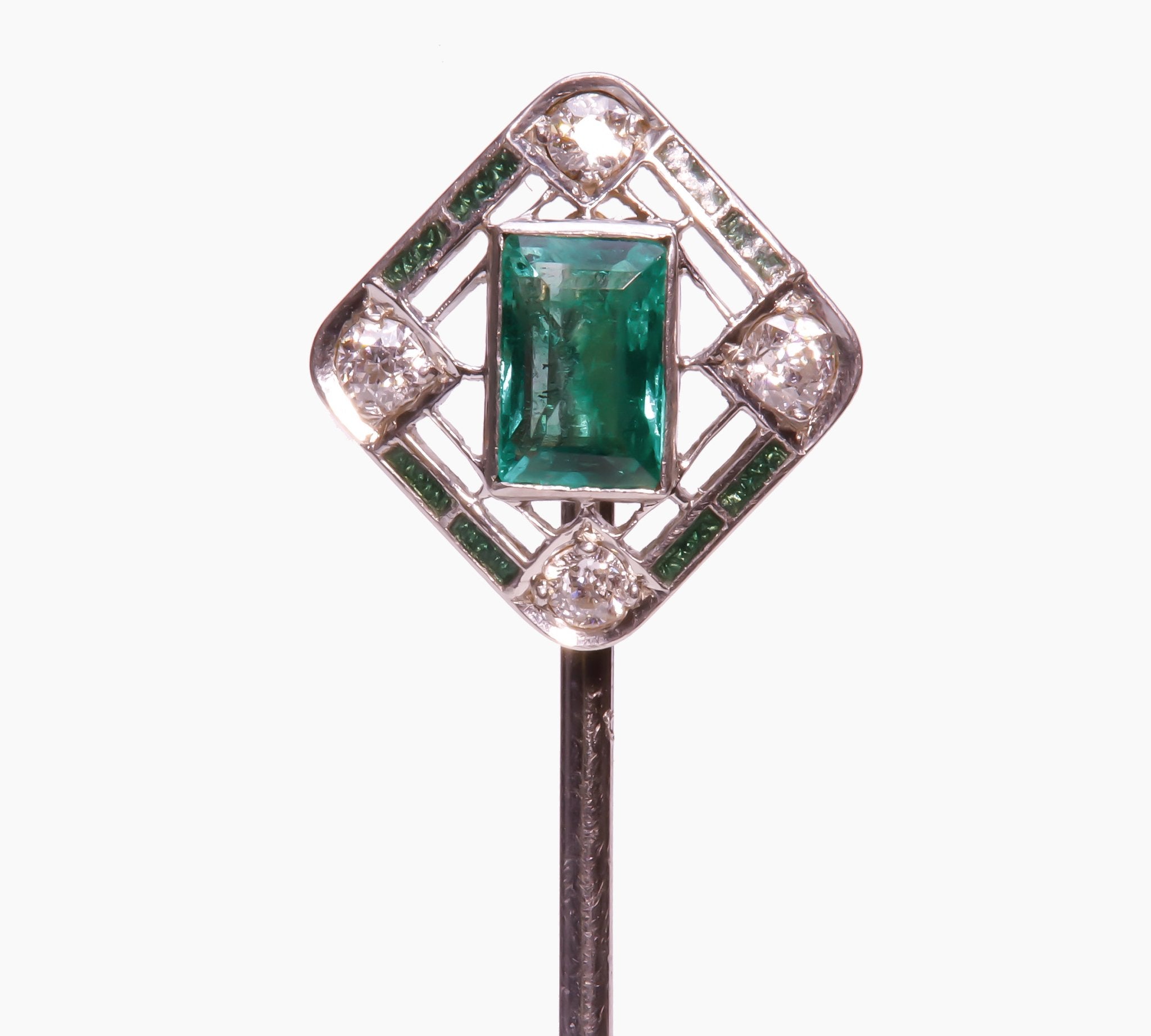 Art Deco Platinum Emerald Diamond Enamel Stick Pin - DSF Antique Jewelry