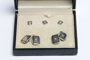 Art Deco Platinum & Gold Enamel Diamond Cufflink & Stud Set