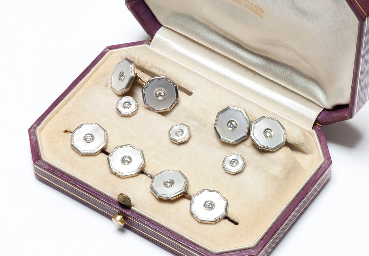 Art Deco Platinum Gold Mother Pearl Diamond Cufflink Full Dress Set in Tiffany Co. Box - DSF Antique Jewelry