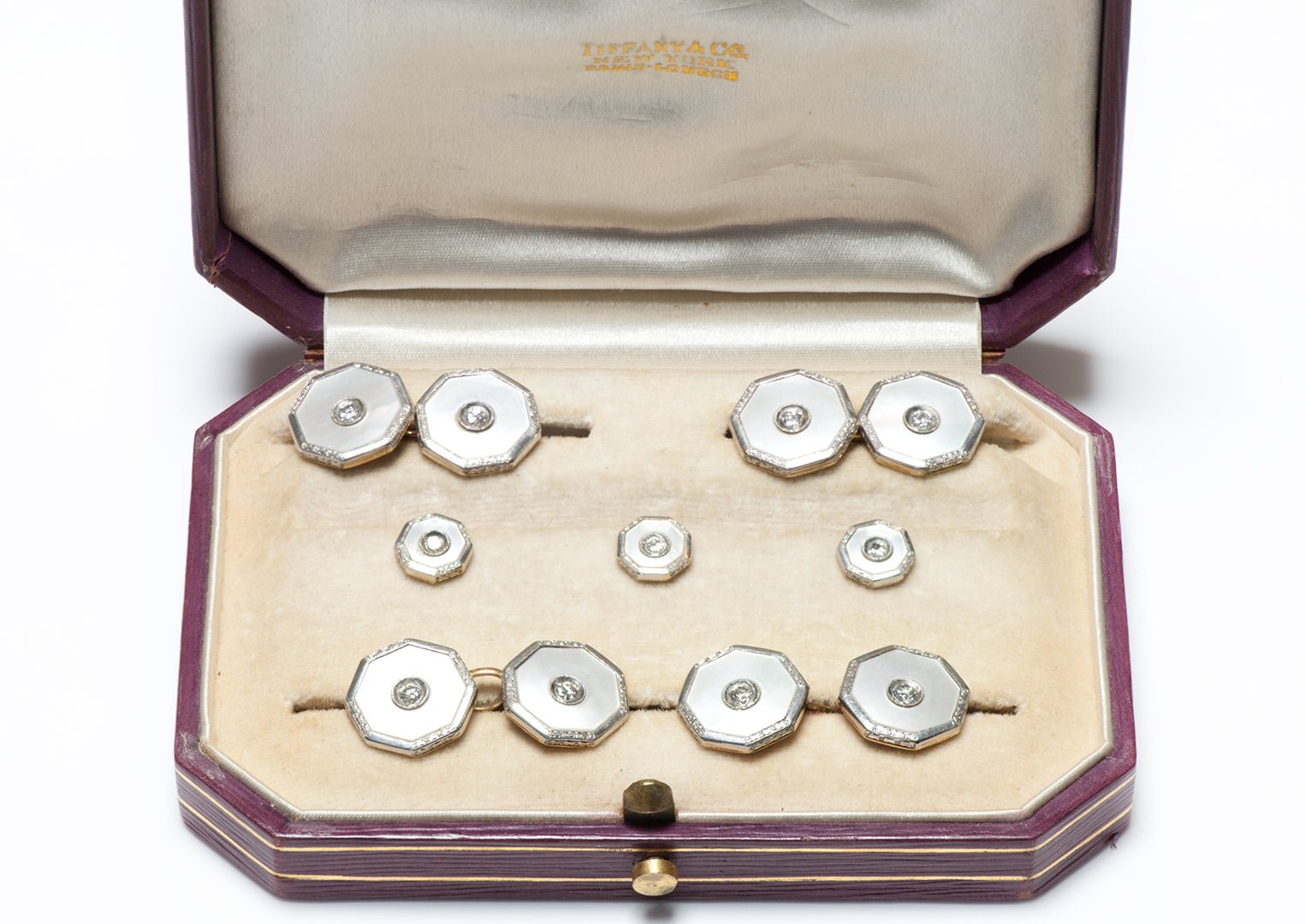 Art Deco Platinum Gold Mother Pearl Diamond Cufflink Full Dress Set in Tiffany Co. Box - DSF Antique Jewelry