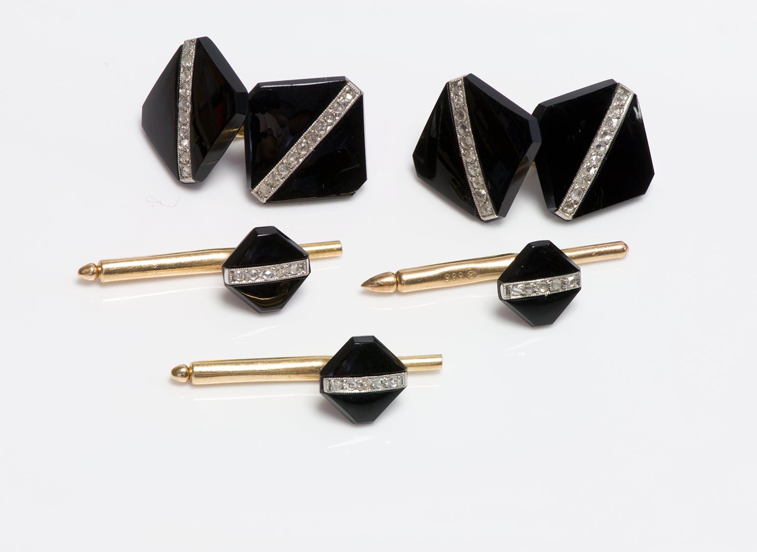 Art Deco Platinum & Gold Onyx & Diamond Cufflink & Stud Set - DSF Antique Jewelry