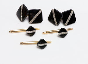 Art Deco Platinum & Gold Onyx & Diamond Cufflink & Stud Set