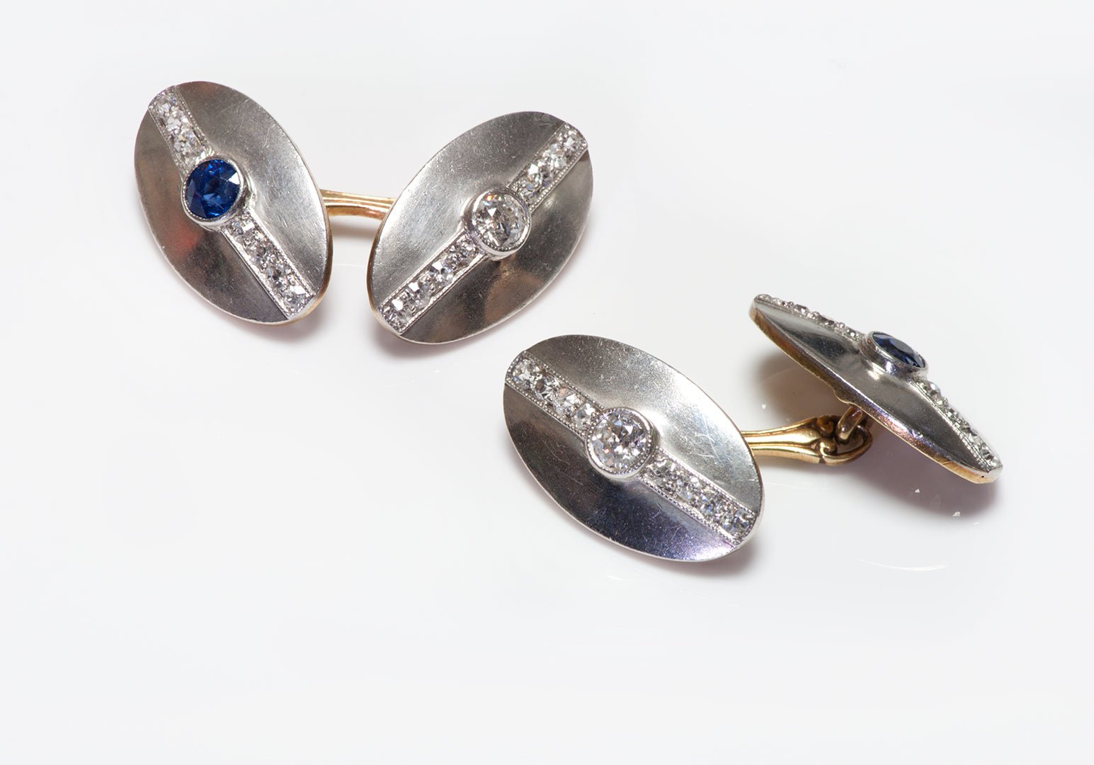 Art Deco Platinum & Gold Sapphire & Diamond Oval Cufflinks - DSF Antique Jewelry