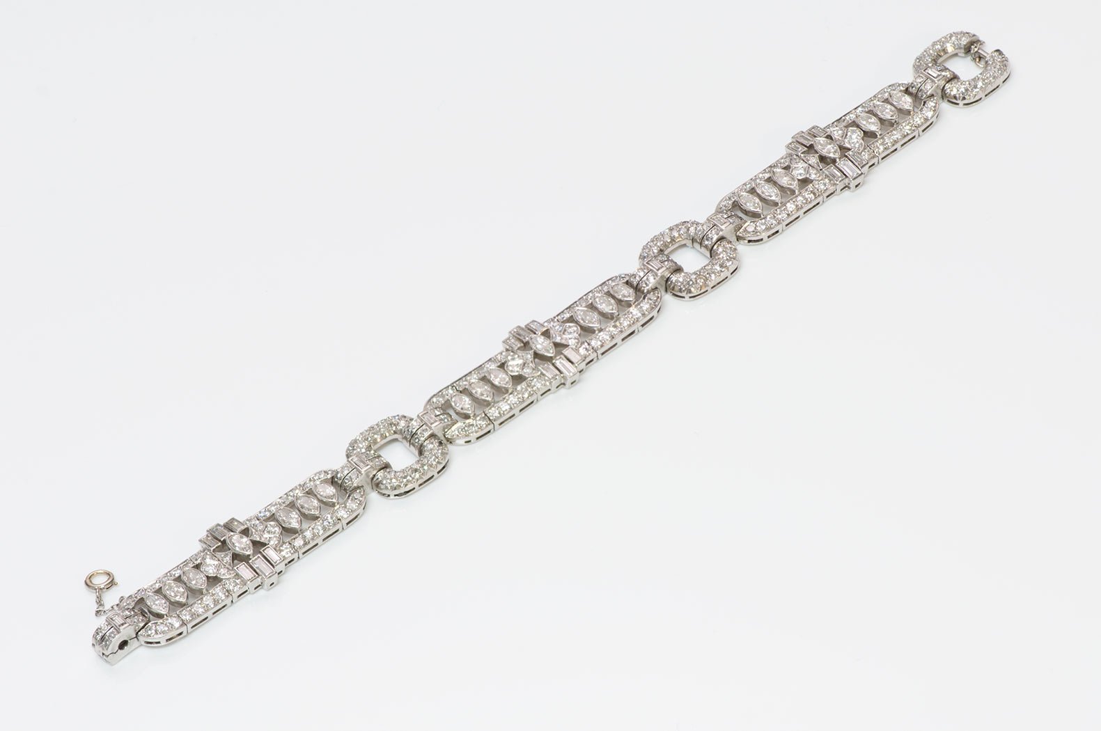 Art Deco Platinum Marquise Baguette Brilliant Cut Diamond Bracelet - DSF Antique Jewelry