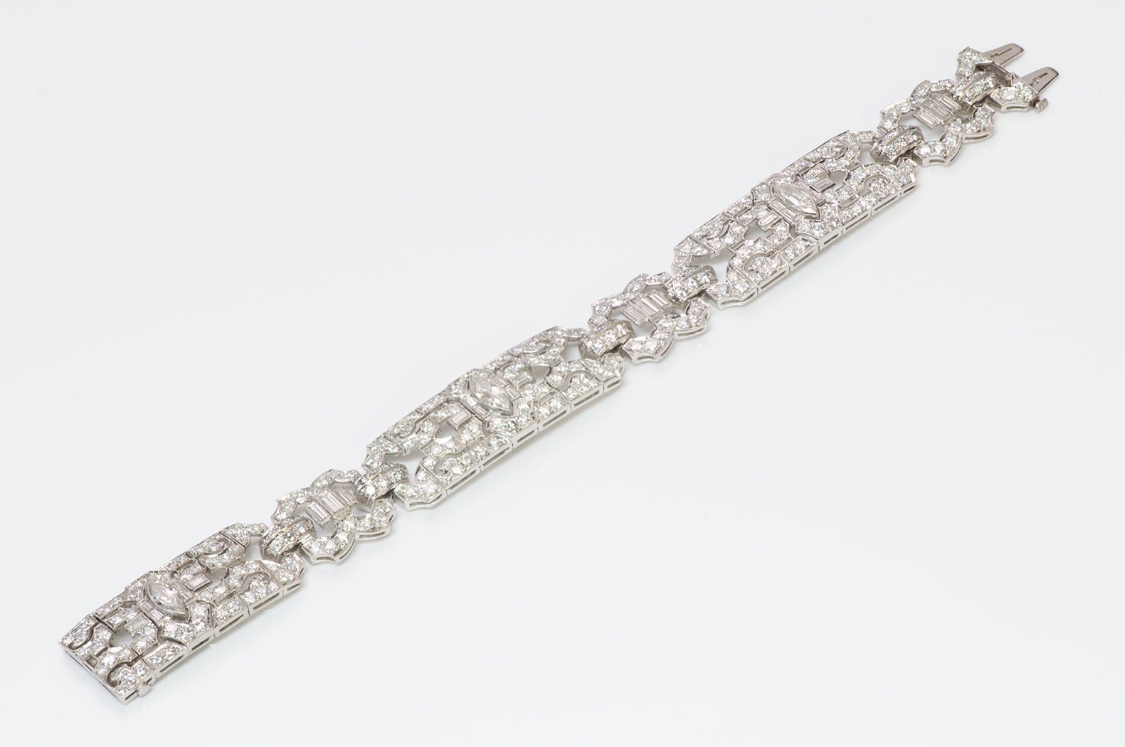 Art Deco Platinum Round Marquise Baguette Diamond Bracelet - DSF Antique Jewelry