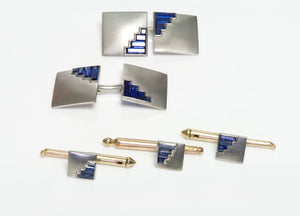 Art Deco Platinum Sapphire Square Cufflink & Stud Set