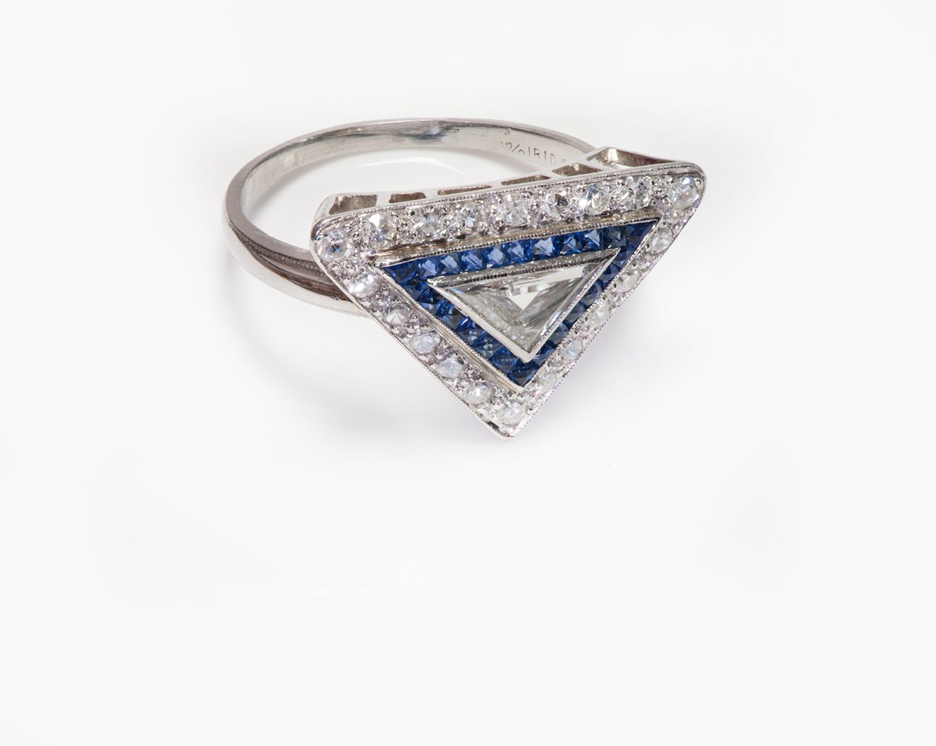 Art Deco Platinum Triangle Shape Diamond Sapphire Ring - DSF Antique Jewelry