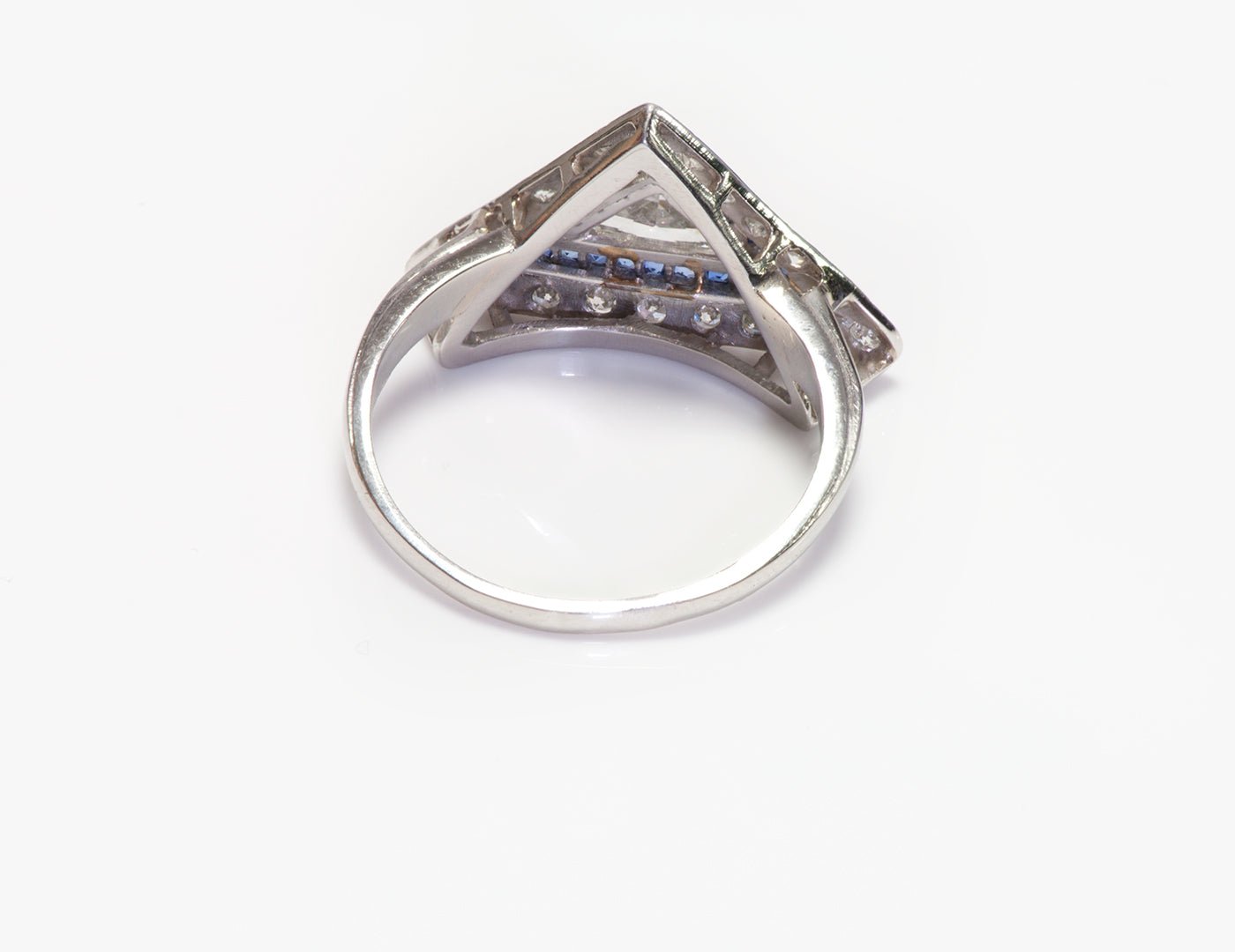 Art Deco Platinum Triangle Shape Diamond Sapphire Ring