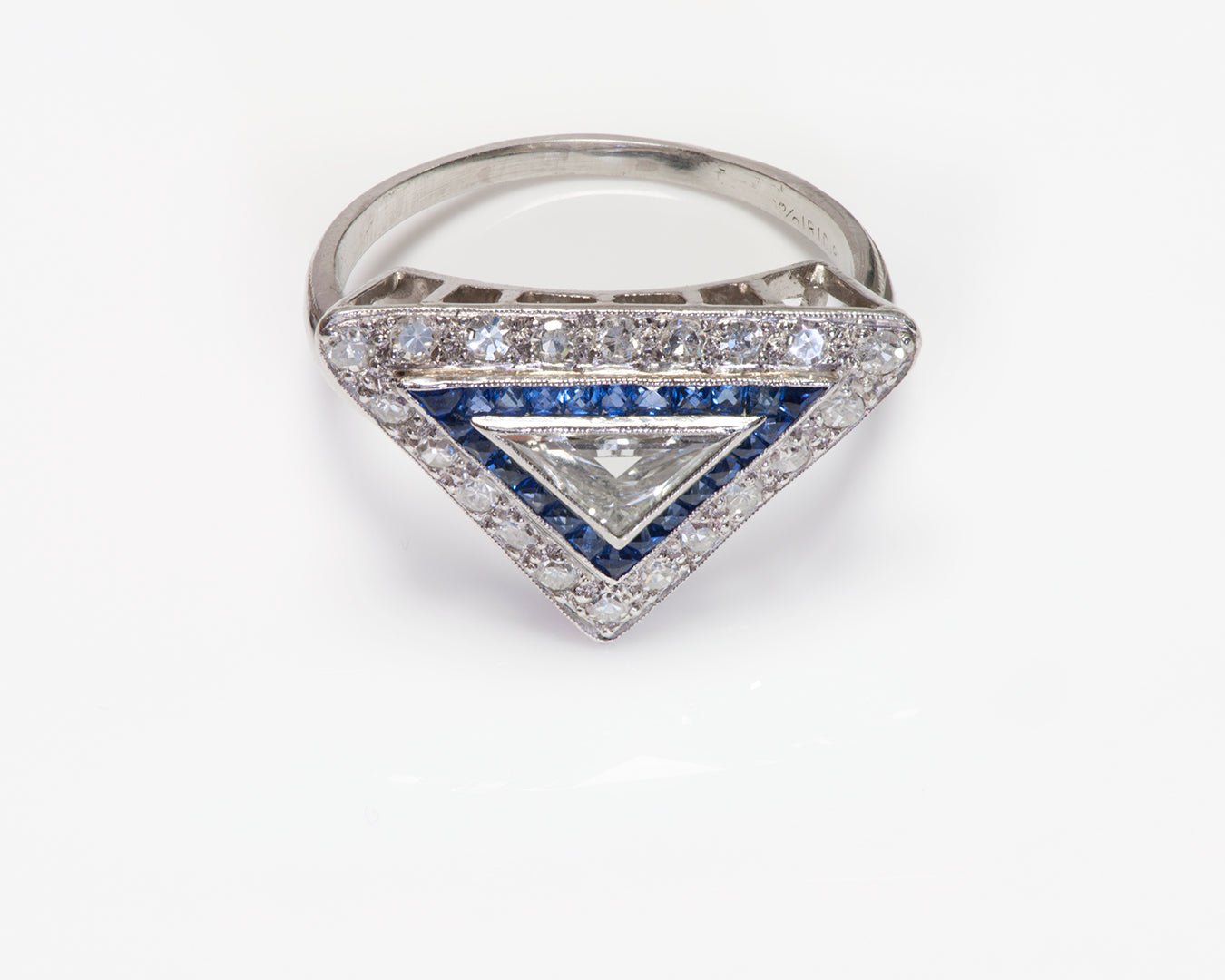 Art Deco Platinum Triangle Shape Diamond Sapphire Ring