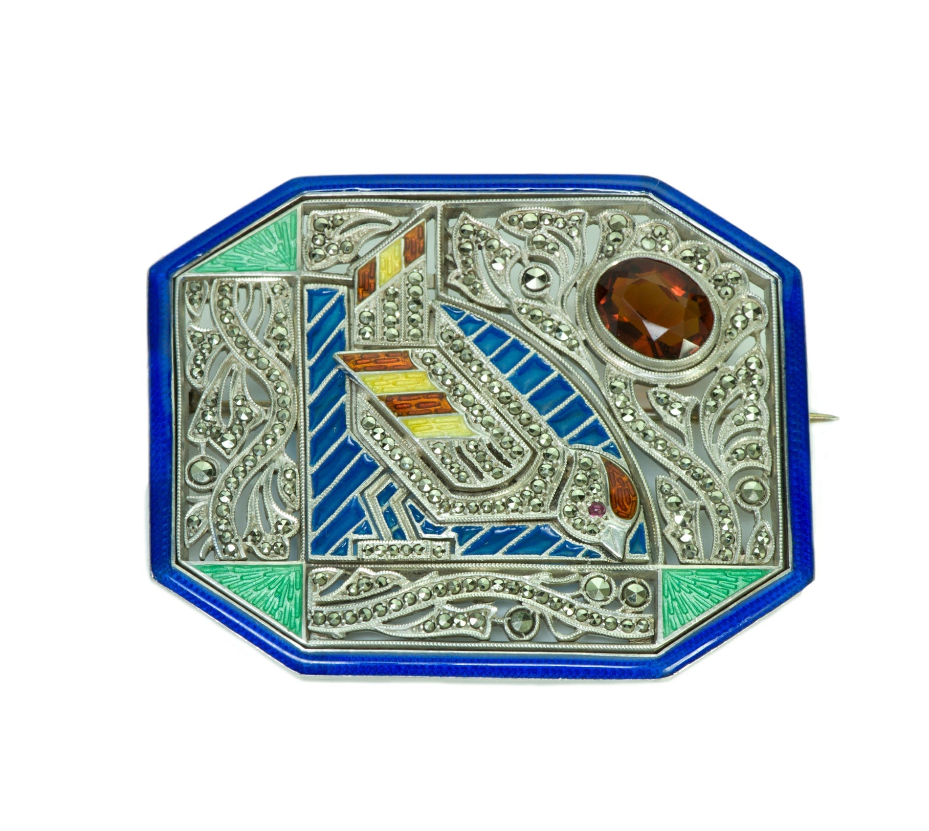 Art Deco Plique A Jour Enamel Garnet Marcasite Silver Bird Brooch - DSF Antique Jewelry