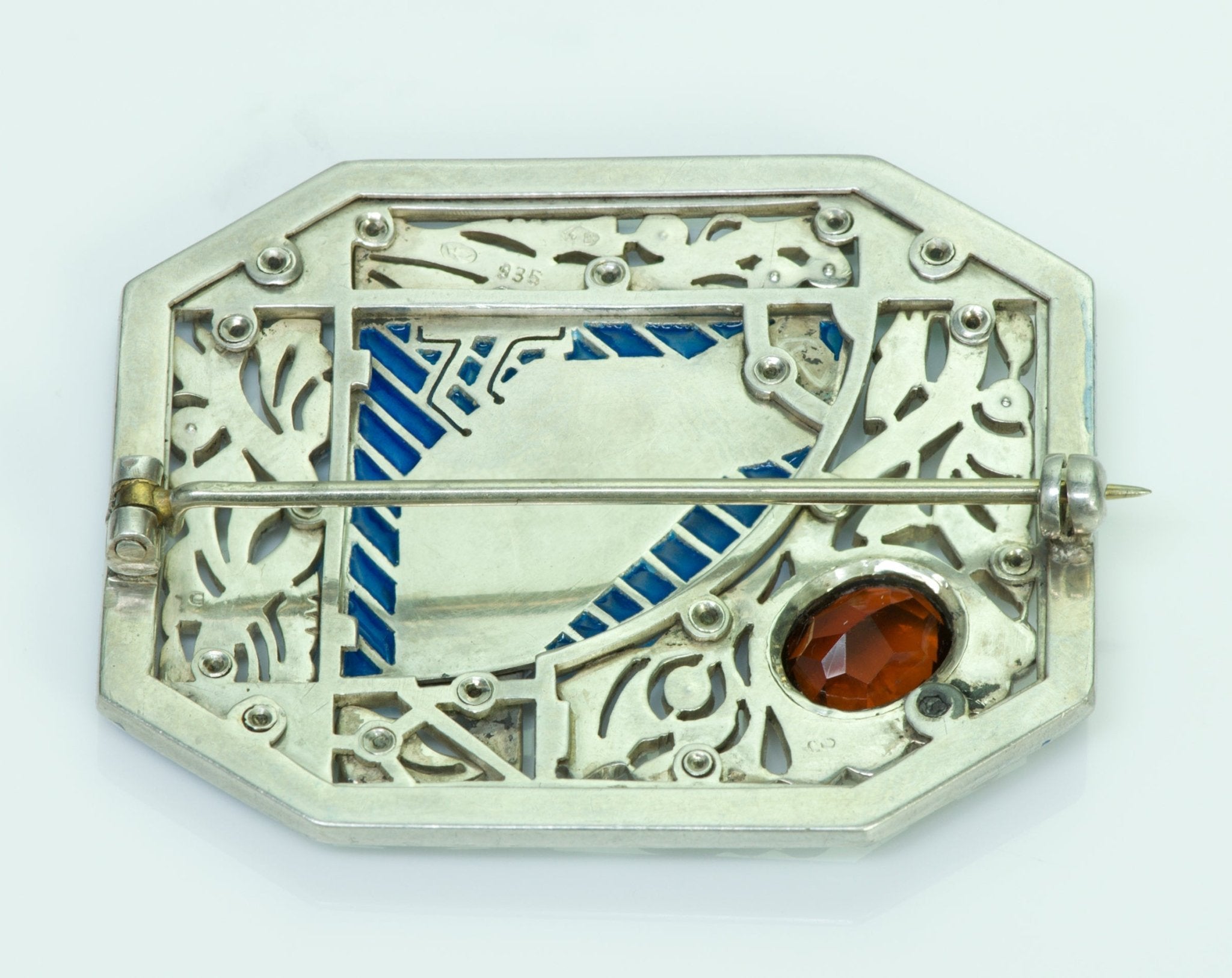 Art Deco Plique A Jour Enamel Garnet Marcasite Silver Bird Brooch