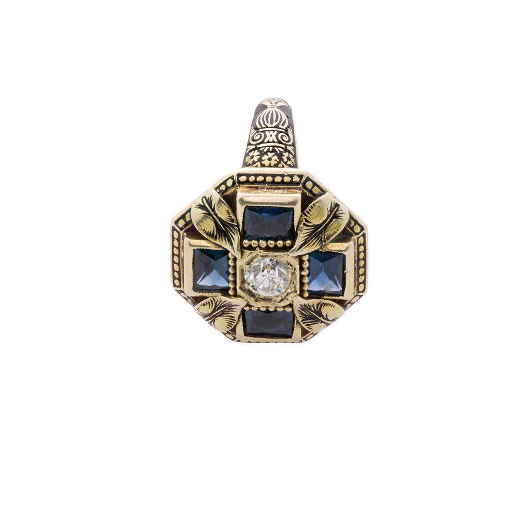 Art Deco Sapphire Diamond Enamel Gold Ring