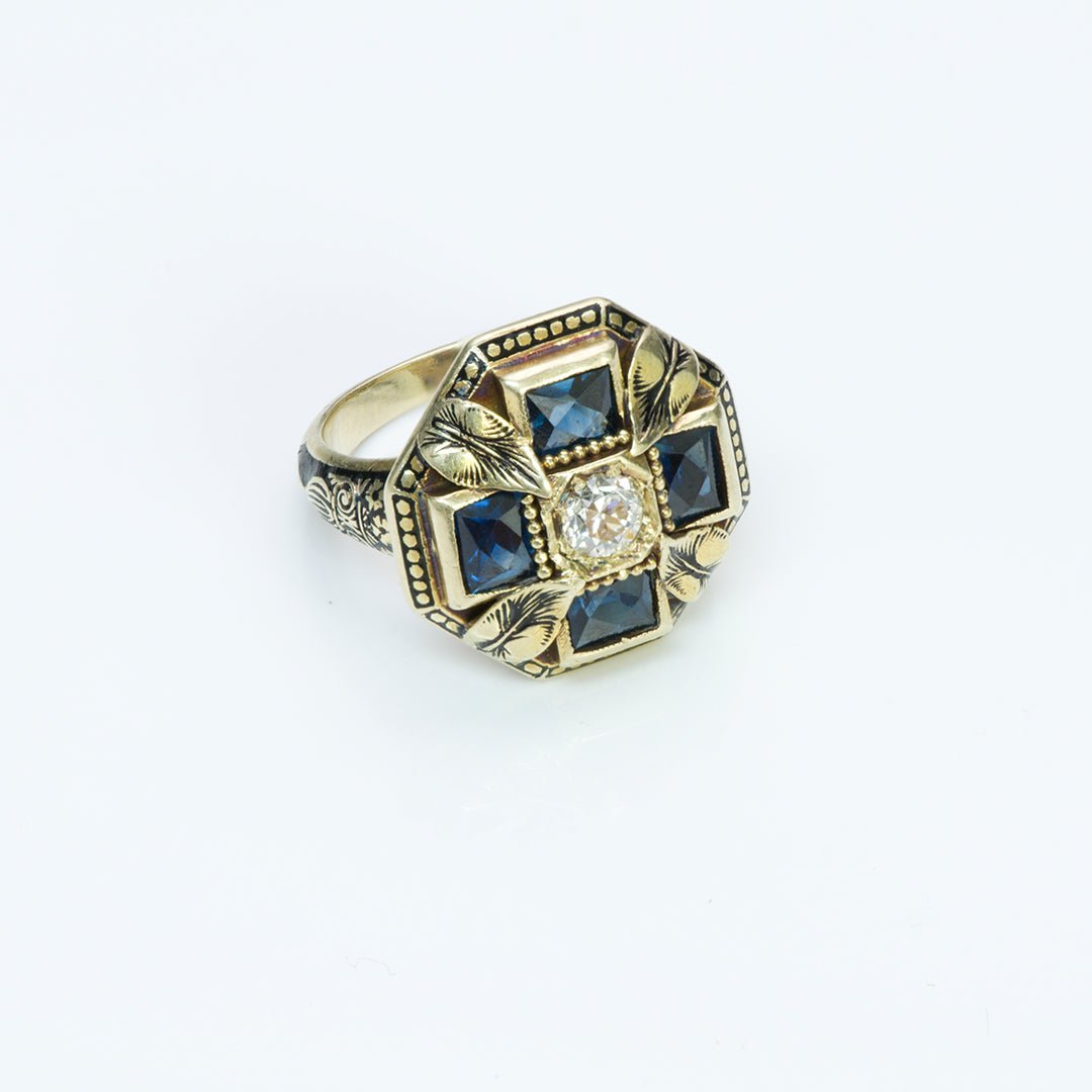 Art Deco Sapphire Diamond Enamel Gold Ring