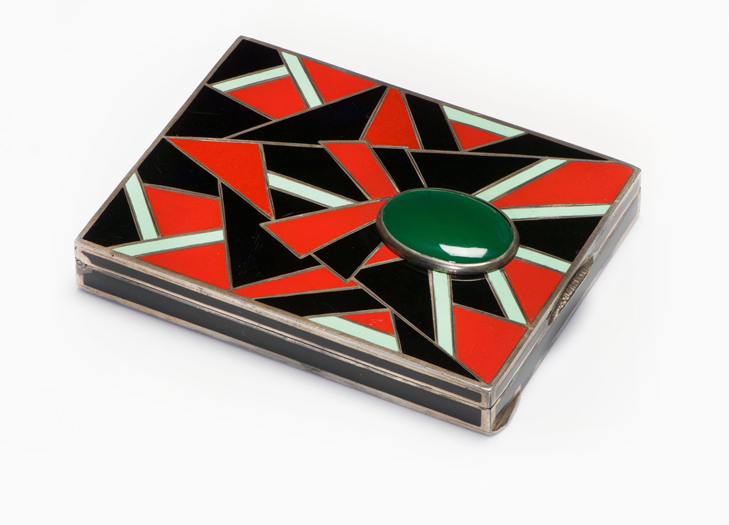 Art Deco Silver Enamel Red Black Enamel Green Onyx Case