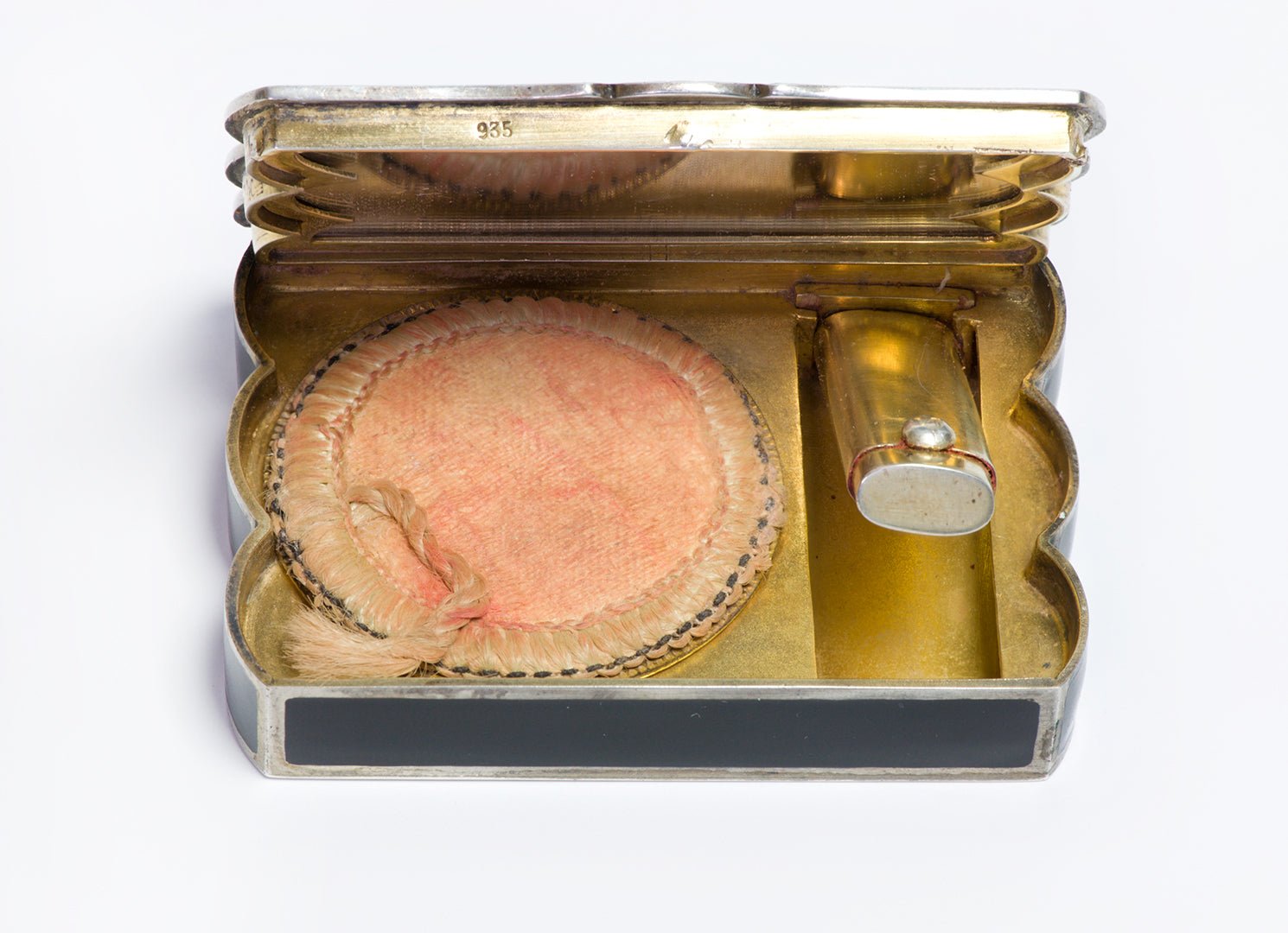 Art Deco Silver & Gold Multi Color Enamel Lipstick & Powder Vanity Case
