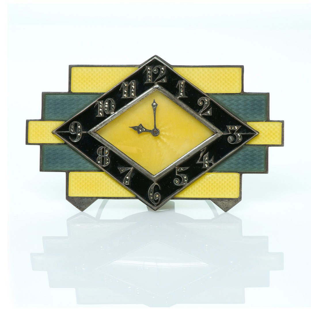 Art Deco Silver Marcasite Enamel Clock - DSF Antique Jewelry