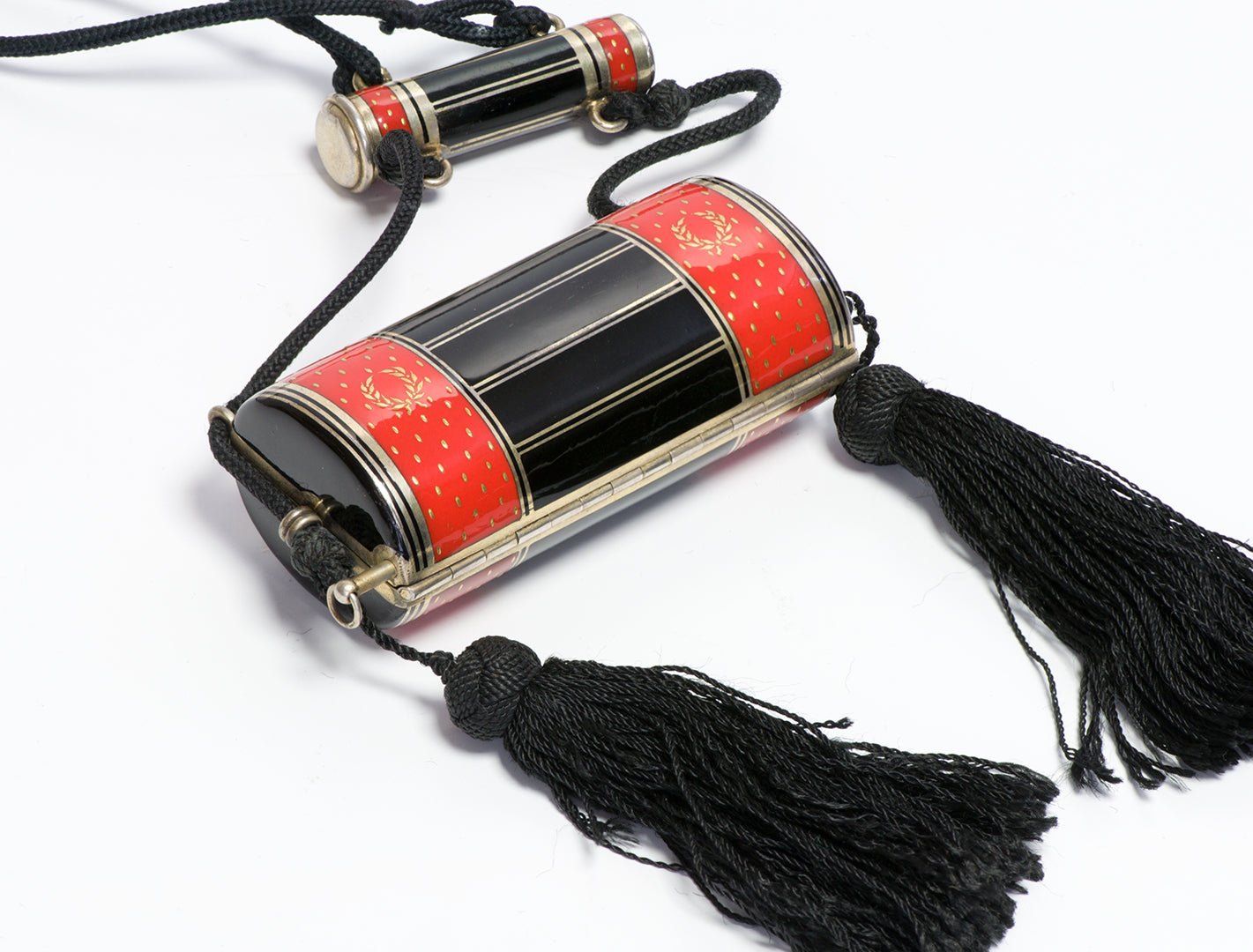 Art Deco Silver Red & Black Enamel Minaudiere with Lipstick & Tassels - DSF Antique Jewelry