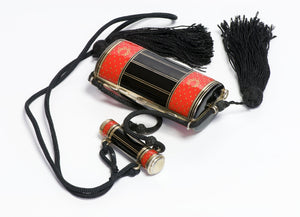 Art Deco Silver Red & Black Enamel Minaudiere with Lipstick & Tassels