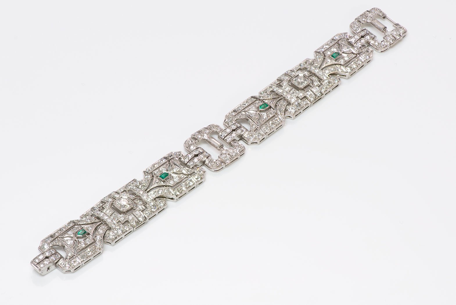 Art Deco Wide Platinum Brilliant Cut Baguette Diamond & Emerald Bracelet