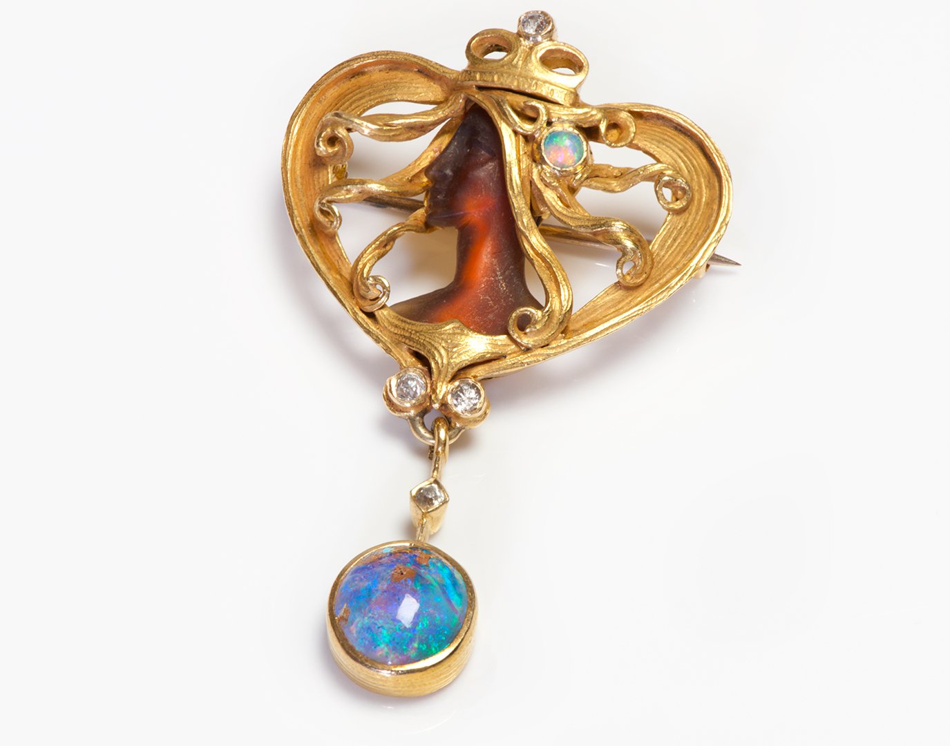 Art Nouveau 18K Gold Carved Carnelian Opal Diamond Lady Brooch
