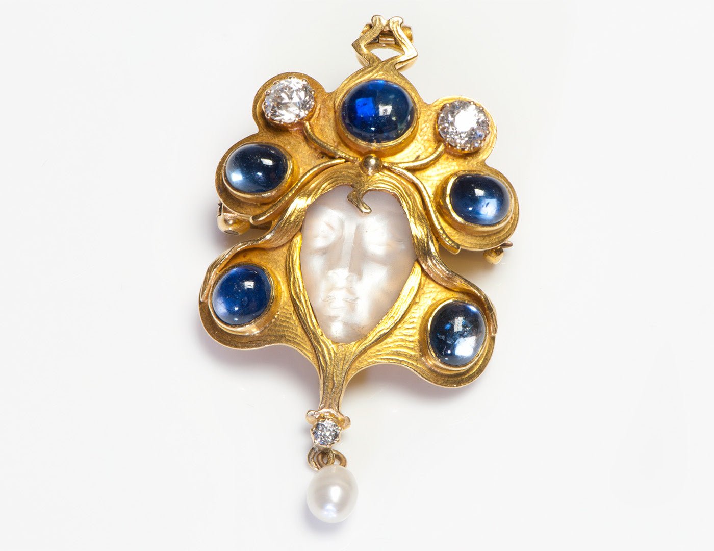 Art Nouveau 18K Gold Carved Moonstone Sapphire Diamond Pearl Pendant Brooch