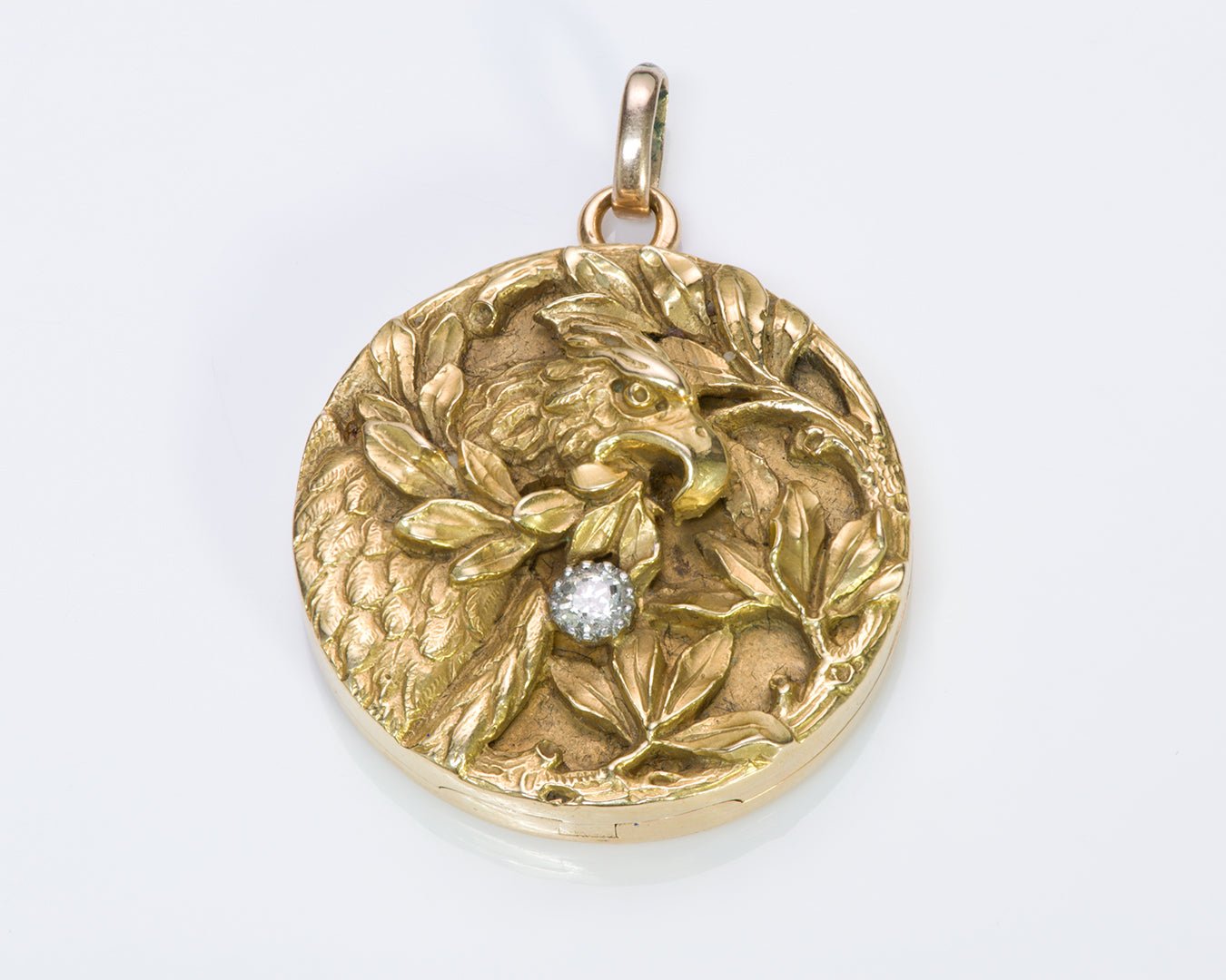 Art Nouveau 18K Gold Eagle Diamond Locket Pendant - DSF Antique Jewelry